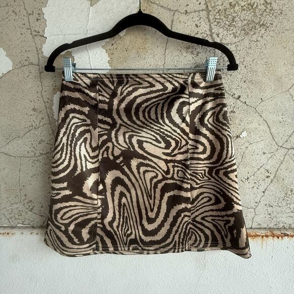 Y2K Swirl Print Mini Skirt Brown Beige Satin Stretch Retro Glam Size M - Picture 1 of 5